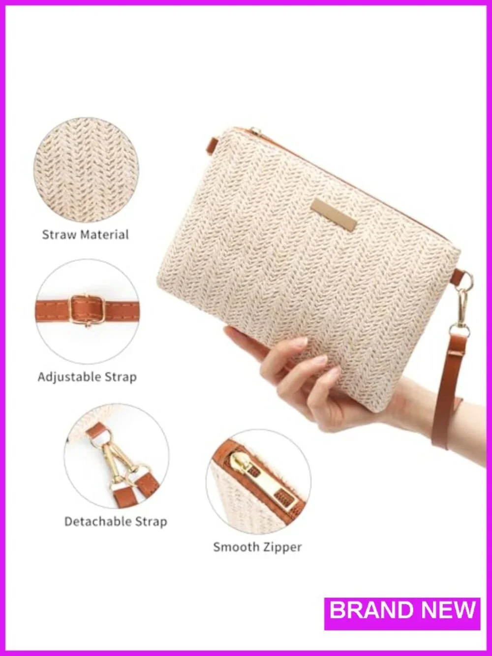Straw Woven Crossbody Bag with Wristlet - Beach Summer Clutch Purse